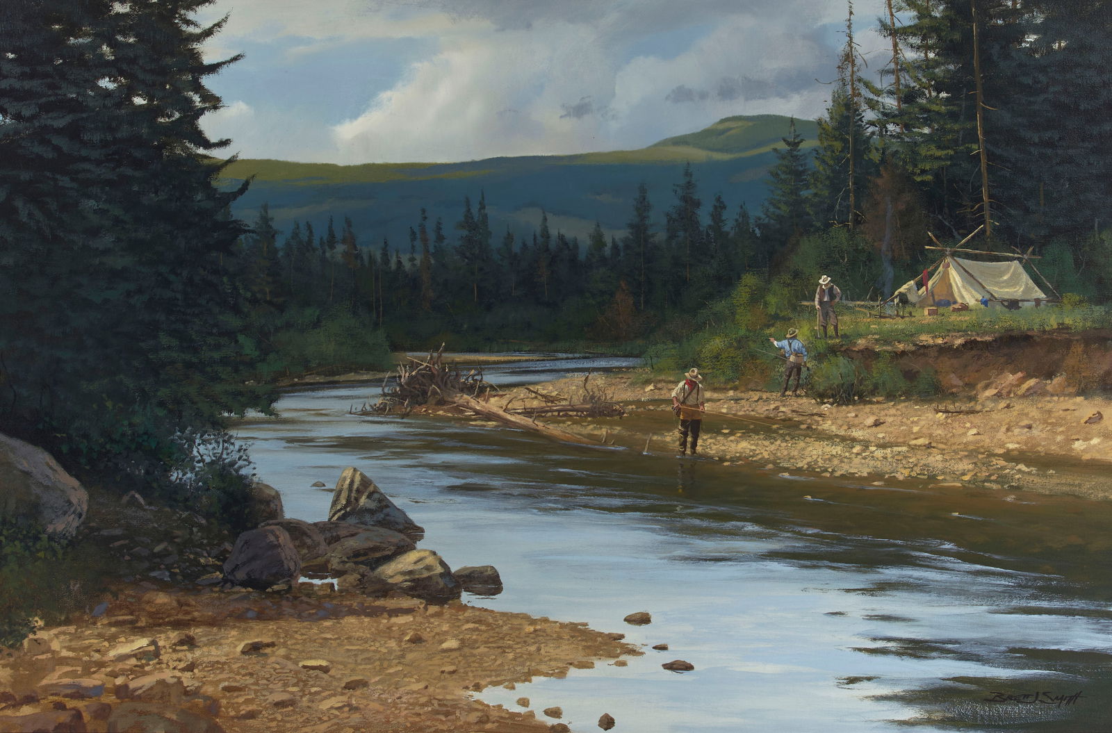 Brett James Smith (born 1958) Time to Fish 24 x 36 in. framed 31 1/4 x 43 1/4 in.: Brett James Smith (born 1958) Time to Fish signed 'Brett J Smith' (lower right) and signed again, with artist's reproduction rights statement and titled (on the reverse) oil on canvas 24 x 36 in. fra
