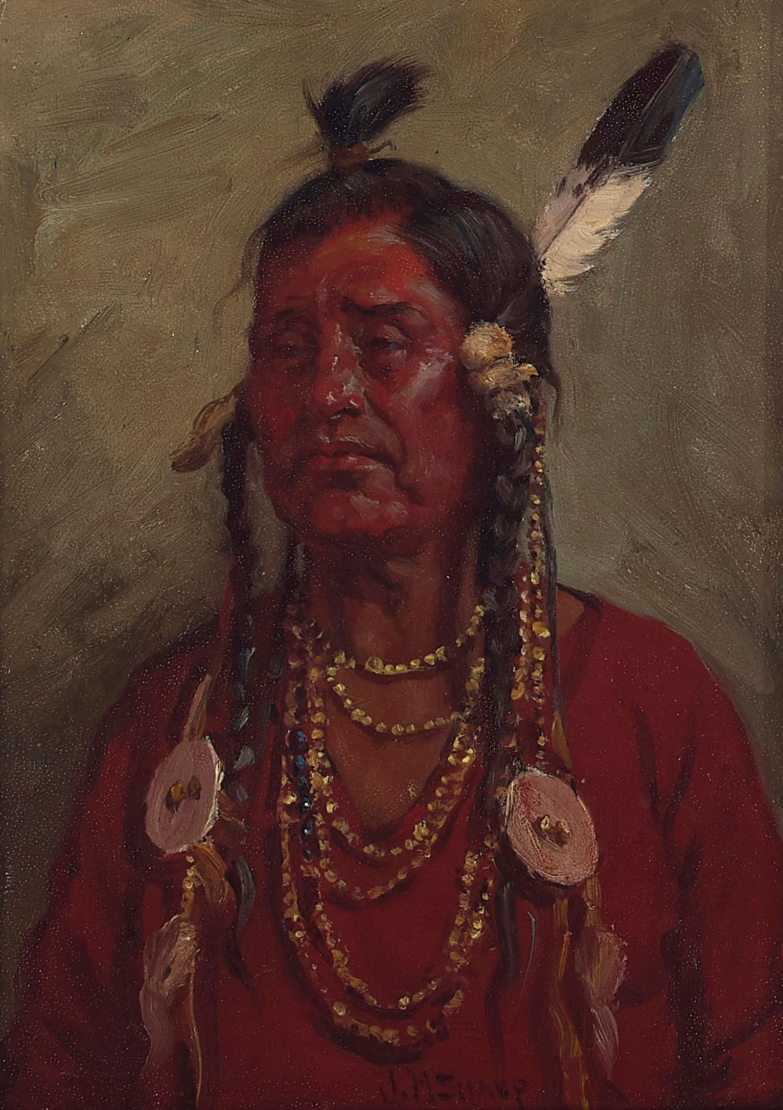 Joseph Henry Sharp (1859-1953) Portrait of Ch'ri Elkhorn 9 3/4 x 6 3/4 in. framed 16 x 14 in. (P...: Joseph Henry Sharp (1859-1953) Portrait of Ch'ri Elkhorn signed 'J.H. Sharp' (lower center) and inscribed 'Elk Horn or Big Brave / Blackfeet Chief / Died 1907' (on the reverse), titled (on the present