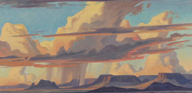 Ed Mell (born 1942) Rain Among the Mesas 10 x 20 in. framed 13 x 23 in.: Ed Mell (born 1942) Rain Among the Mesas signed 'Ed Mell' (lower right) and signed again in two places, titled and dated '2018' (on the reverse) oil on canvaspanel 10 x 20 in. framed 13 x 23 in. Footn