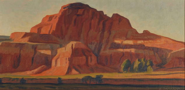 Ed Mell (born 1942) Torrey Butte Evening 10 x 20 in. framed 15 x 24 3/4 in.: Ed Mell (born 1942) Torrey Butte Evening signed 'Ed Mell' (lower right) and signed again in two places, titled and dated '2002' (on the reverse) oil on canvaspanel 10 x 20 in. framed 15 x 24 3/4 in. F