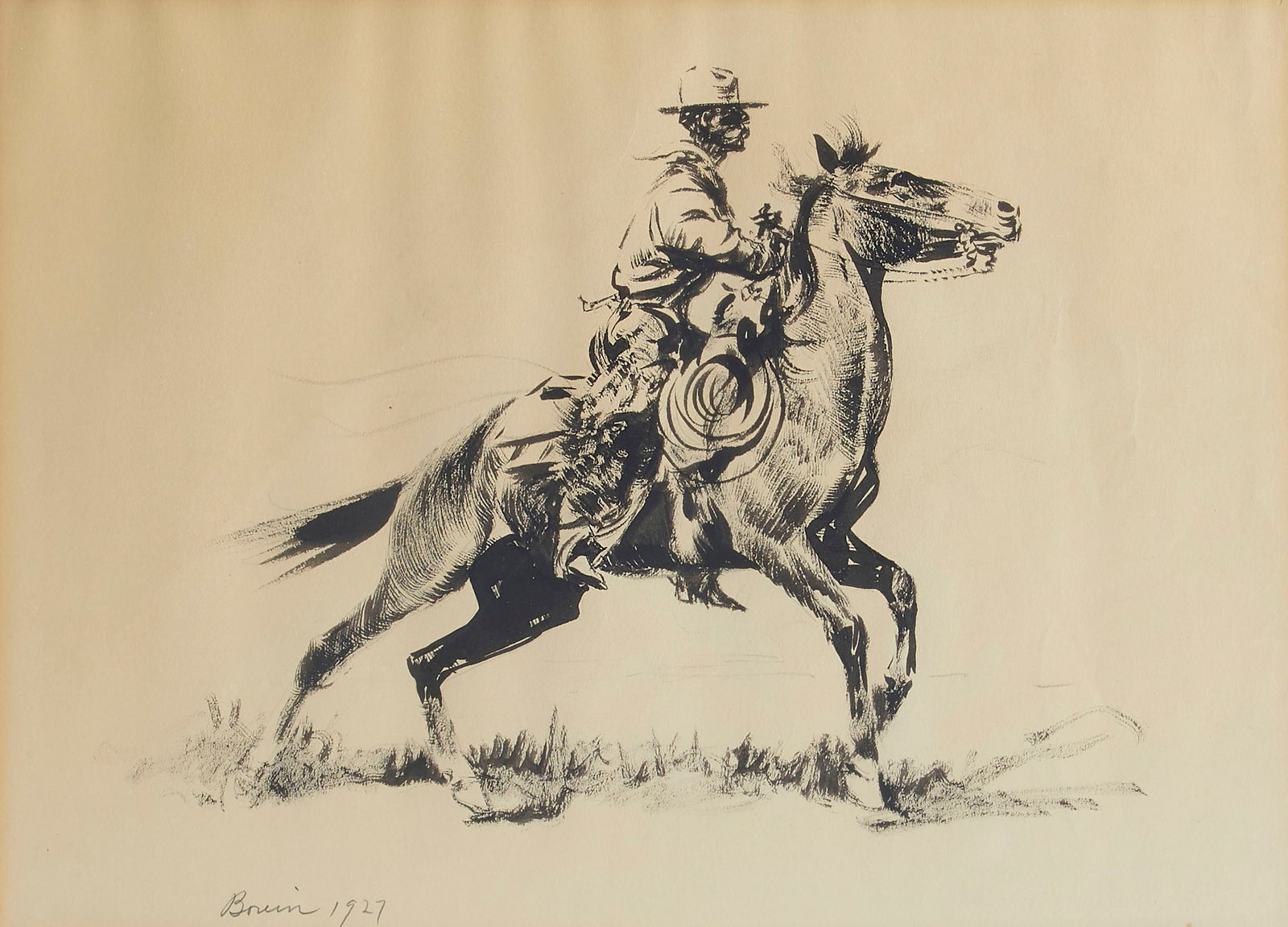 Edward Borein (1872-1945) Cowboy on Horseback sight 8 1/2 x 11 1/4 in. framed 20 1/2 x 22 3/4 in. (1 of 3)