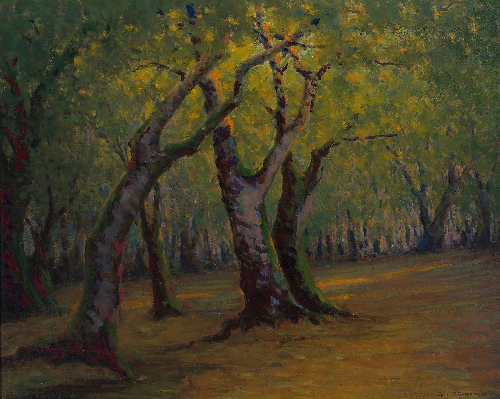 John Marshall Gamble (1863-1957) Canon Glade (Soft Maples) 24 x 30 in. framed 33 x 38 1/2 in.: John Marshall Gamble (1863-1957) Cañón Glade (Soft Maples) signed and dated 'John M. Gamble 1943' (lower right) and signed again, titled and inscribed 'Santa Barbara / Cal.' (on the reverse)