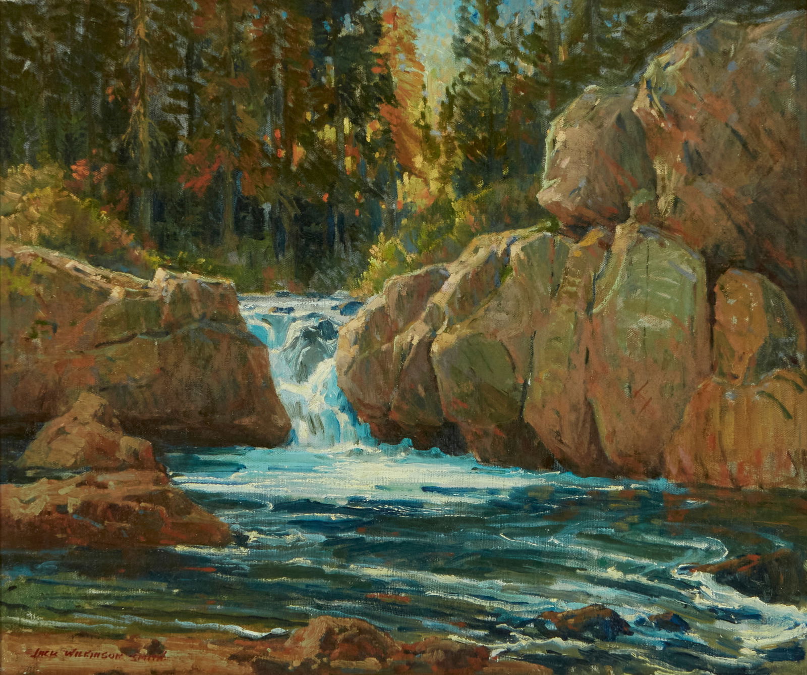 Jack Wilkinson Smith (1873-1949) Waterfall Along a River 20 x 24 in. framed 28 x 32 in.: Jack Wilkinson Smith (1873-1949) Waterfall Along a River signed 'Jack Wilkinson Smith' (lower left) oil on canvas 20 x 24 in. framed 28 x 32 in. Footnotes: Provenance Private collection, Pr