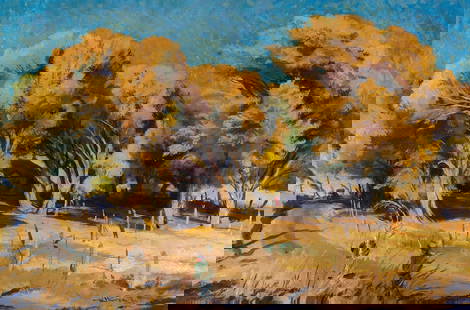 Emil Jean Kosa, Jr. (1903-1968) Autumn Landscape 24 x 36 in. framed 30 x 41 3/4 in.: Emil Jean Kosa, Jr. (1903-1968) Autumn Landscape signed 'Emil Kosa Jr.' (lower right) and signed again and inscribed 'Colors' (on the stretcher bar) oil on Masonite 24 x 36 in. framed 30 x 41 3/4 in.