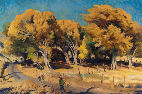 Emil Jean Kosa, Jr. (1903-1968) Autumn Landscape 24 x 36 in. framed 30 x 41 3/4 in.: Emil Jean Kosa, Jr. (1903-1968) Autumn Landscape signed 'Emil Kosa Jr.' (lower right) and signed again and inscribed 'Colors' (on the stretcher bar) oil on Masonite 24 x 36 in. framed 30 x 41 3/4 in.