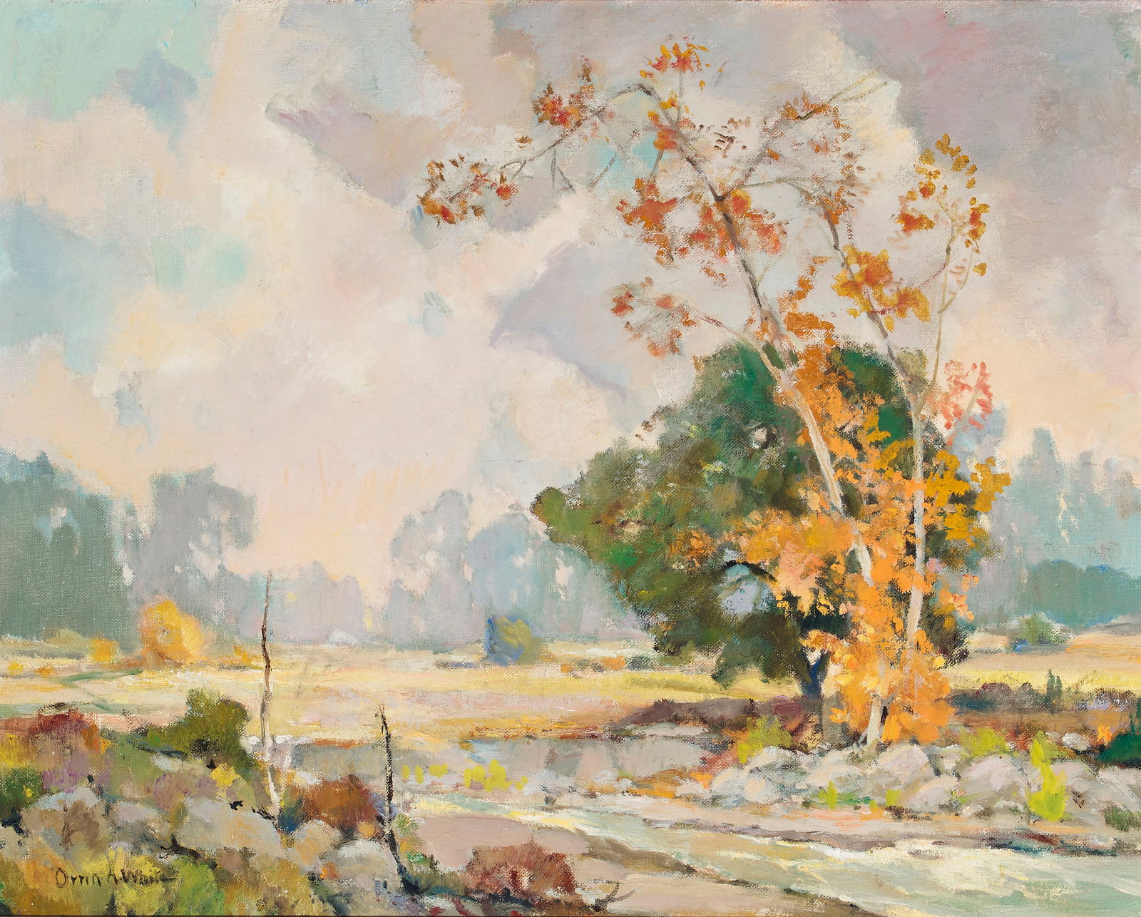 Orrin A. White (1883-1969) On Campo Road (San Diego) 16 x 20 in. framed 22 1/4 x 26 1/4 in. (...: Orrin A. White (1883-1969) On Campo Road (San Diego) signed 'Orrin A. White' (lower left) and titled on a label (on the reverse) oil on canvasboard 16 x 20 in. framed 22 1/4 x 26 1/4 in. Painted circ