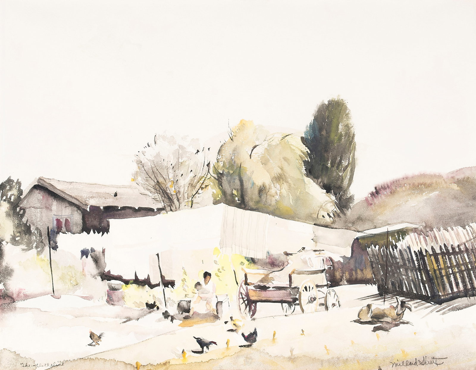 Millard Owen Sheets (1907-1989) The Clothesline sight 14 3/4 x 18 3/4 in. framed 27 x 31 in.: Millard Owen Sheets (1907-1989) The Clothesline signed 'Millard Sheets' (lower right) and titled (lower left) watercolor on paper sight 14 3/4 x 18 3/4 in. framed 27 x 31 in. Footnotes: Provenanc