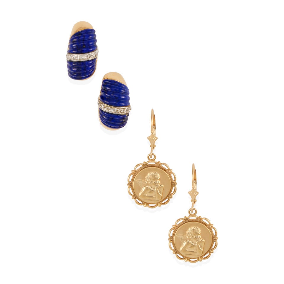 A PAIR OF 14K GOLD, LAPIS LAZULI AND DIAMOND EARRINGS WITH A PAIR OF GOLD EARRINGS (1 of 2)