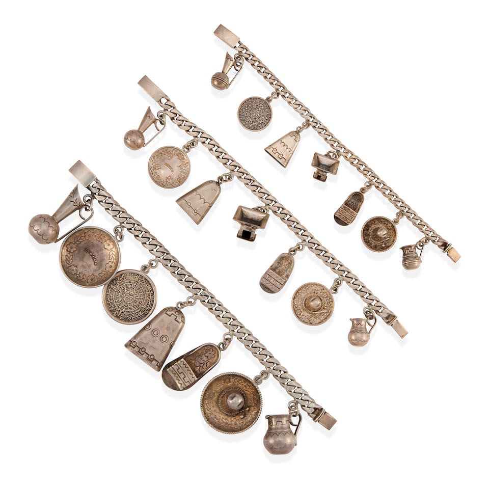 THREE SILVER CHARM BRACELETS: THREE SILVER CHARM BRACELETS • Silver • With maker's mark, Mexico • Lengths 6 1/2 in. and 7 in. • Estimated gross weight: 139.4 grams Footnotes: OVERALL CONDITION: Metal stamp
