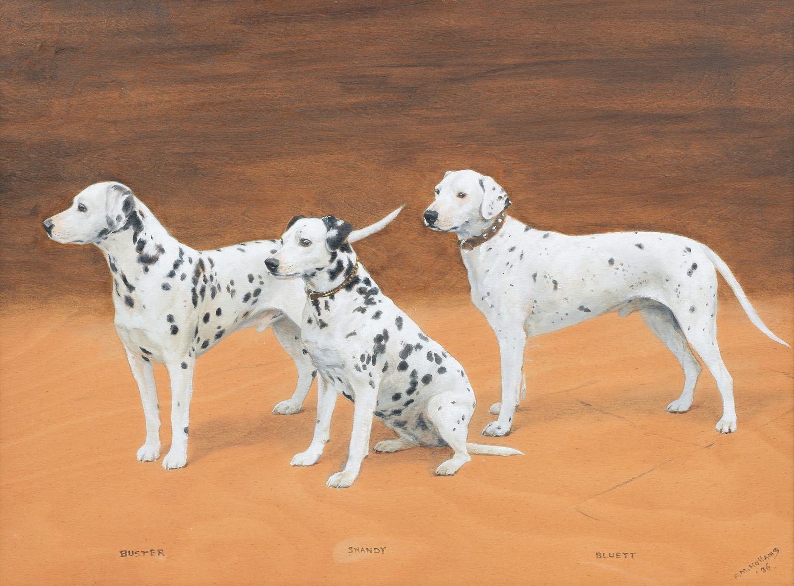 Frances Mabel Hollams (British, 1877-1963) 'Buster', 'Shandy', and 'Bluett' - Dalmatians: Frances Mabel Hollams (British, 1877-1963)'Buster', 'Shandy', and 'Bluett' - Dalmatians signed and dated 'F.M.HOLLAMS/'36' (lower right), inscribed with dogs' names (lower edge)oil on panel41 x 54cm (