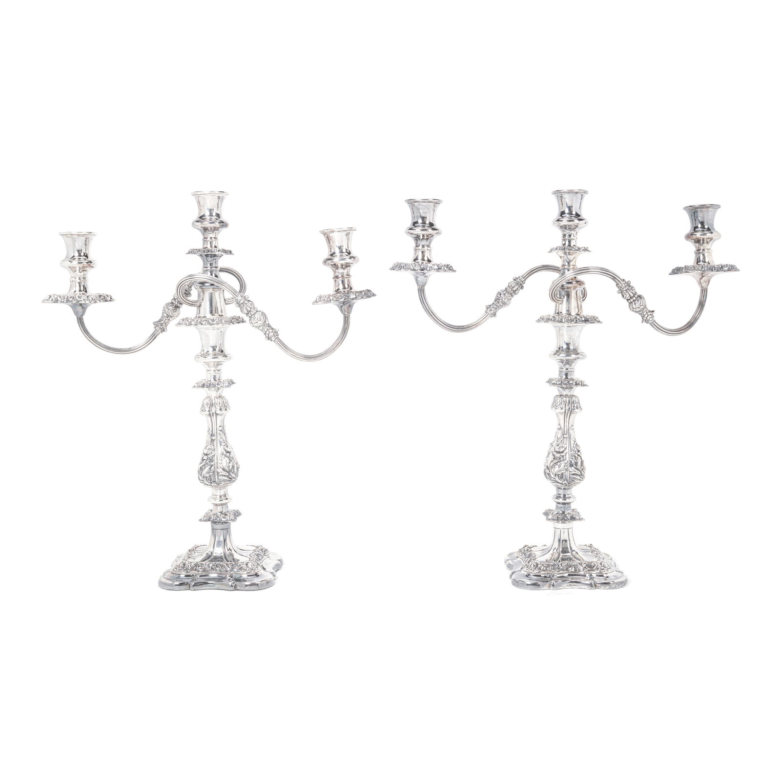A PAIR OF ENGLISH SILVER-PLATED CONVERTIBLE THREE-LIGHT CANDELABRA by Ellis-Barker Silver Co., B... (1 of 1)