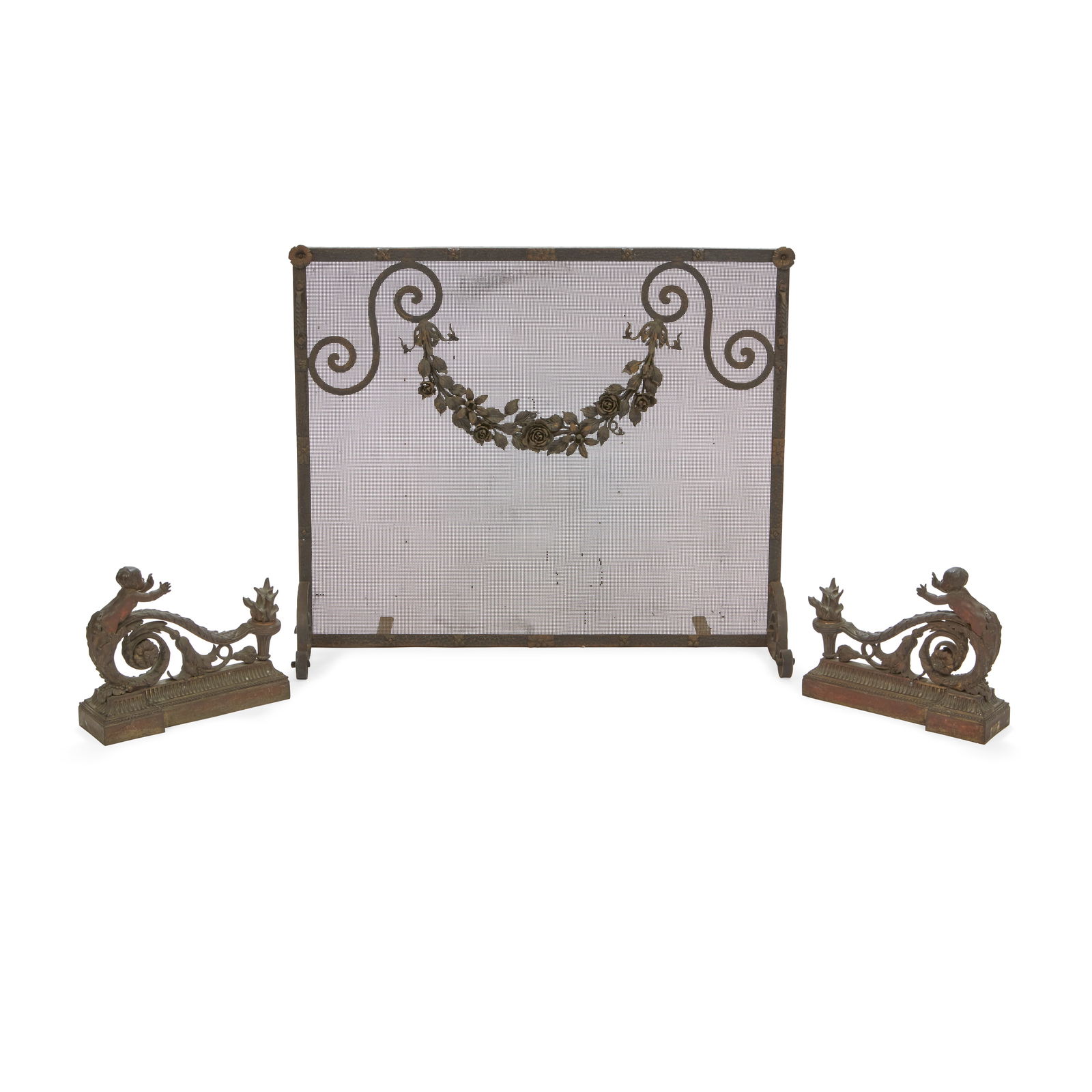 A PAIR OF LOUIS XVI STYLE BRONZE CHENETS AND A WROUGHT IRON FIREPLACE SCREEN (1 of 2)