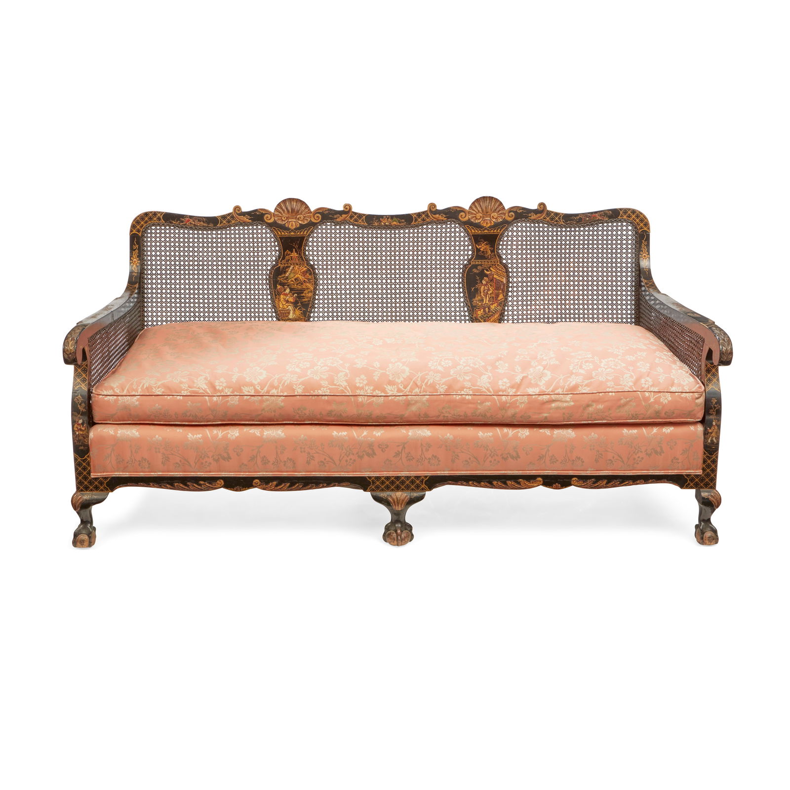 A REGENCY STYLE CHINOISERIE DECORATED SETTEE AND A PAIR OF CLUB CHAIRS (1 of 3)