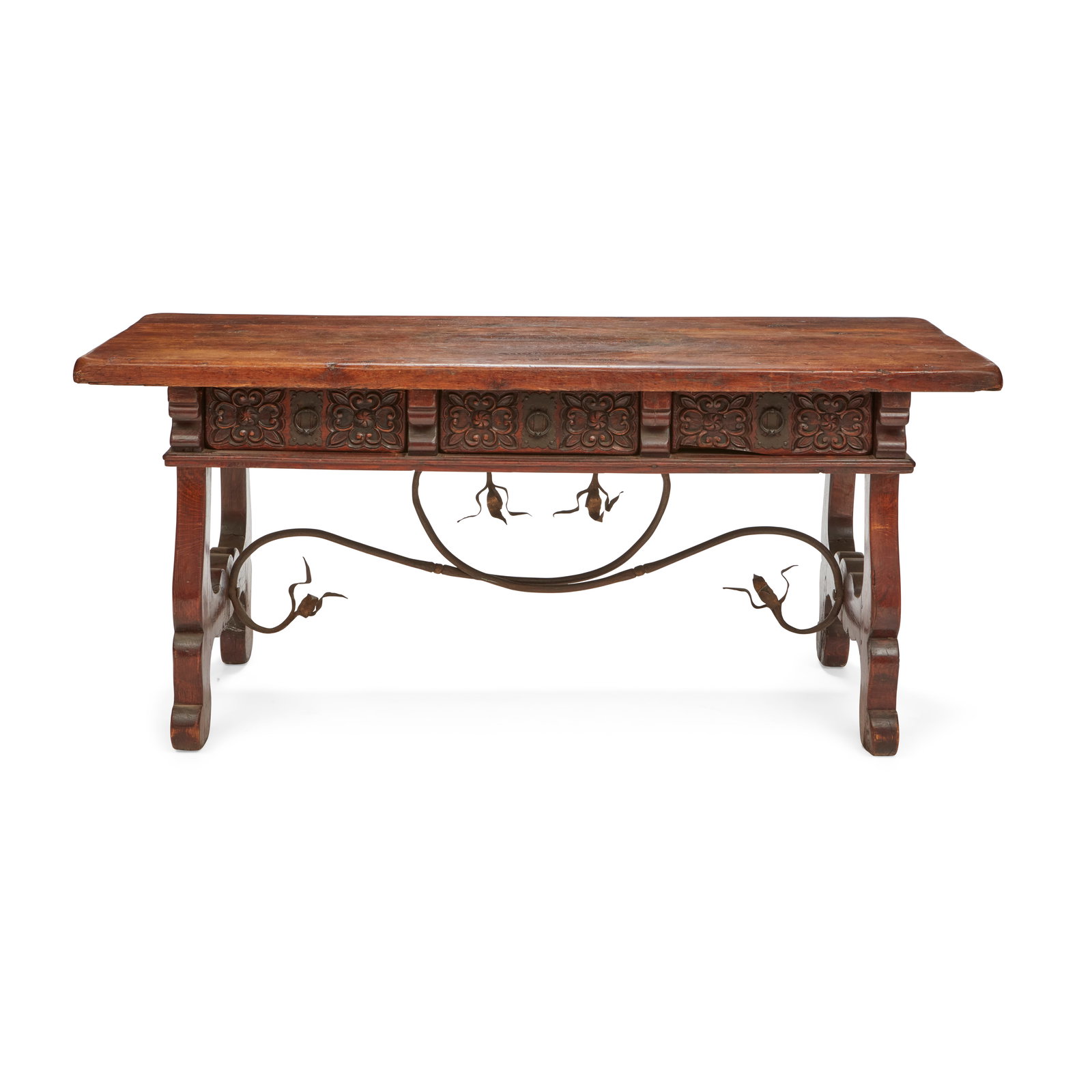 A SPANISH BAROQUE OAK AND ELM LIBRARY TABLEEarly 18th century: A SPANISH BAROQUE OAK AND ELM LIBRARY TABLE Early 18th century height 31 1/2in (80cm); width 70 1/2in (179cm); depth 31in (79cm) This lot is subject to the following lot symbols: W W If the lot is not