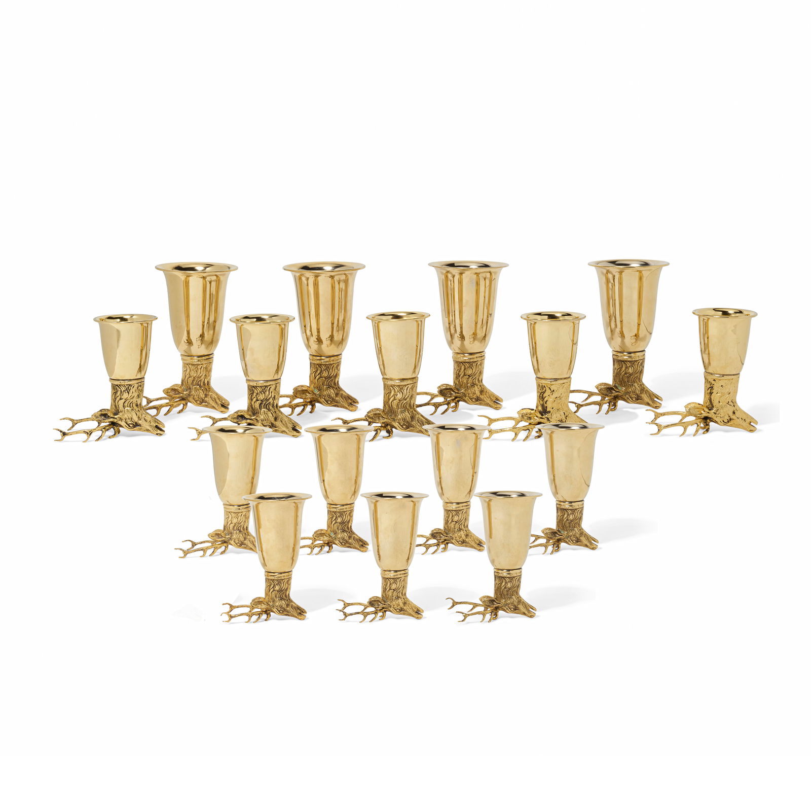 SIXTEEN GUCCI SILVER-PLATED GILT STAG HEAD-FORM STIRRUP CUPS signed Gucci, Italy, circa 1970s (1 of 2)