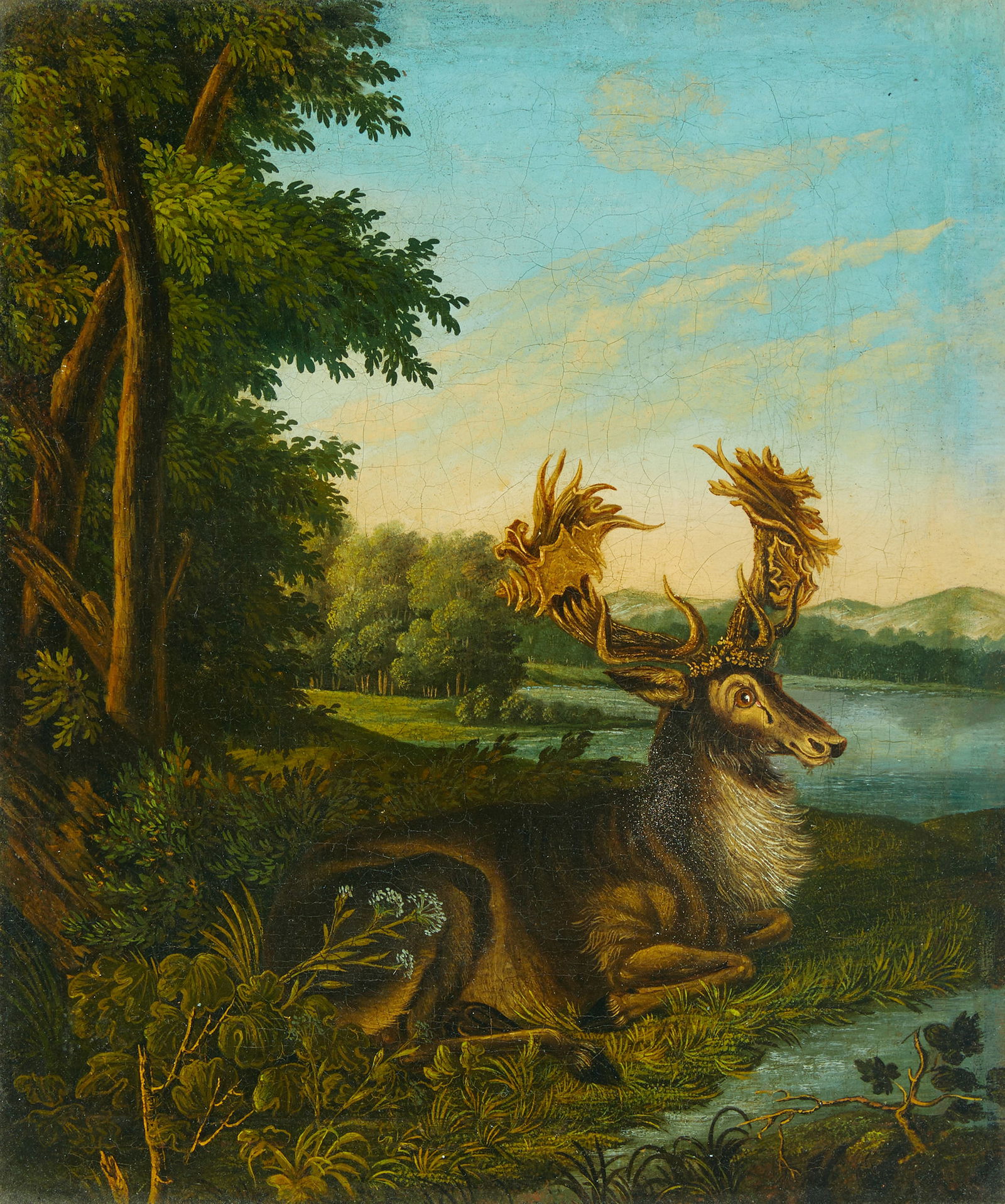 German School (19th Century) A recumbent stag 13 5/8 x 11 3/4in (35.5 x 29.7cm) (1 of 2)