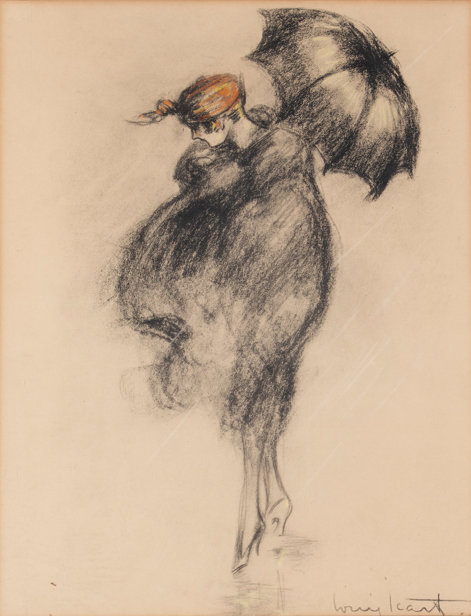 Louis Icart (French, 1888-1950) A girl caught in the rain with an umbrella 17 x 13 1/4in (43.2 x...: Louis Icart (French, 1888-1950) A girl caught in the rain with an umbrella signed 'Louis Icart' (lower right) pastel on paper 17 x 13 1/4in (43.2 x 33.7cm) (sight) Saleroom Notice: This lot to be sold