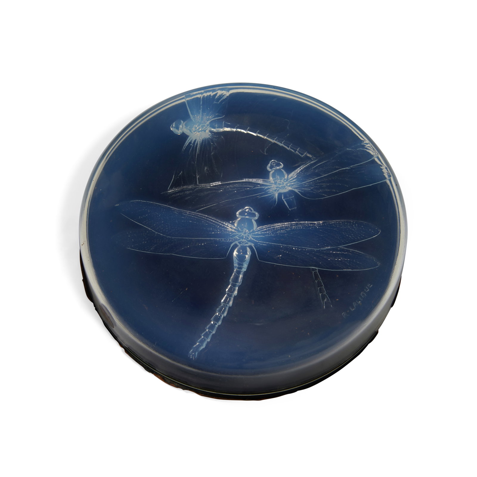 A RENÉ LALIQUE MOLDED OPALESCENT GLASS 'GEORGETTE' BOX COVERRené Lalique (French, 1860...: A RENÉ LALIQUE MOLDED OPALESCENT GLASS 'GEORGETTE' BOX COVER René Lalique (French, 1860-1945), designed 1922 With molded signature R. LALIQUE. diameter 8 1/8in (20.6cm) Footnotes: Literature