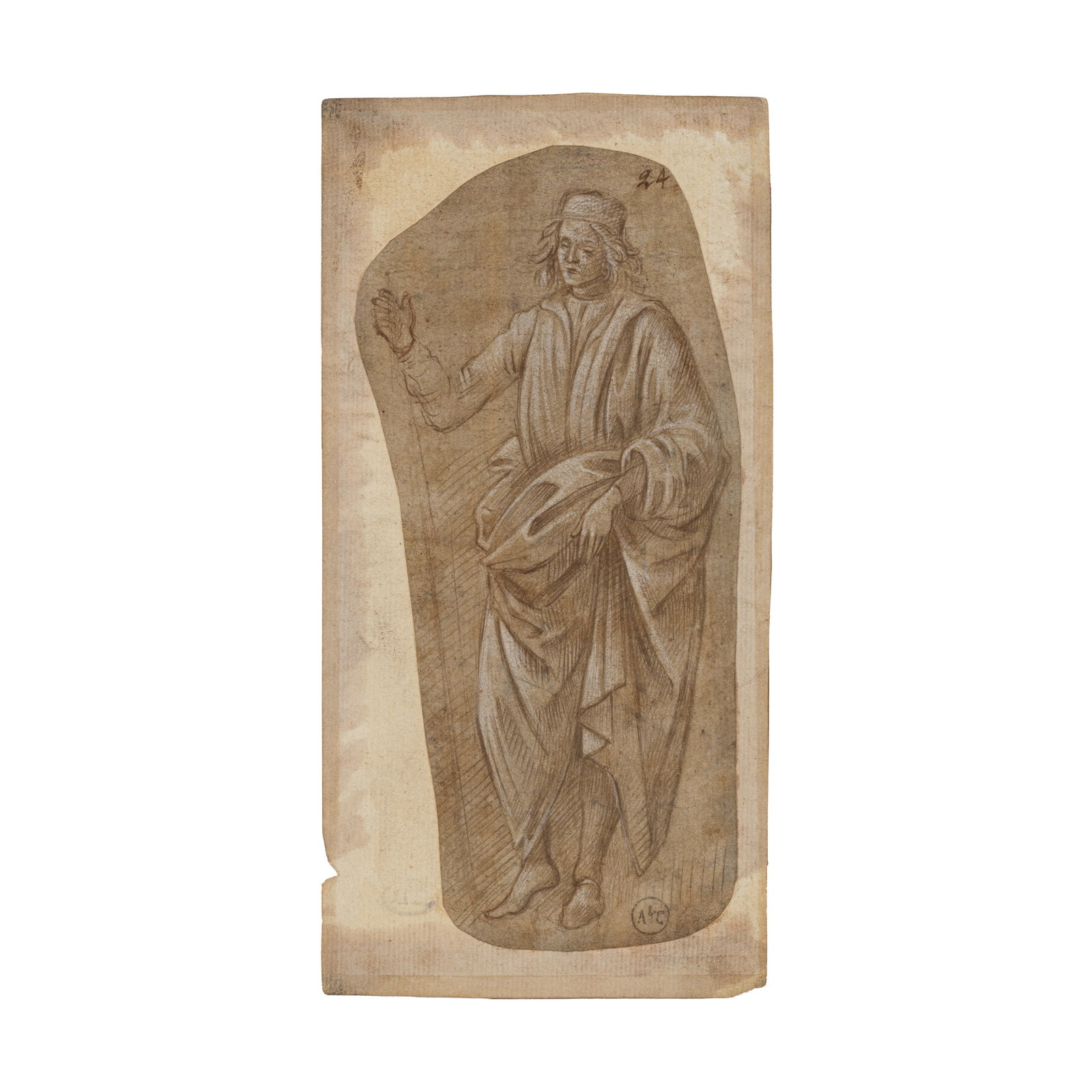 Entourage de Vittore Carpaccio (Venise vers 1460-1525) Etude de figure: Entourage de Vittore Carpaccio (Venise vers 1460-1525) Etude de figure porte une numérotation apocryphe '24' (en haut à droite) pointe métallique (?), rehauts de blanc sur papier pr