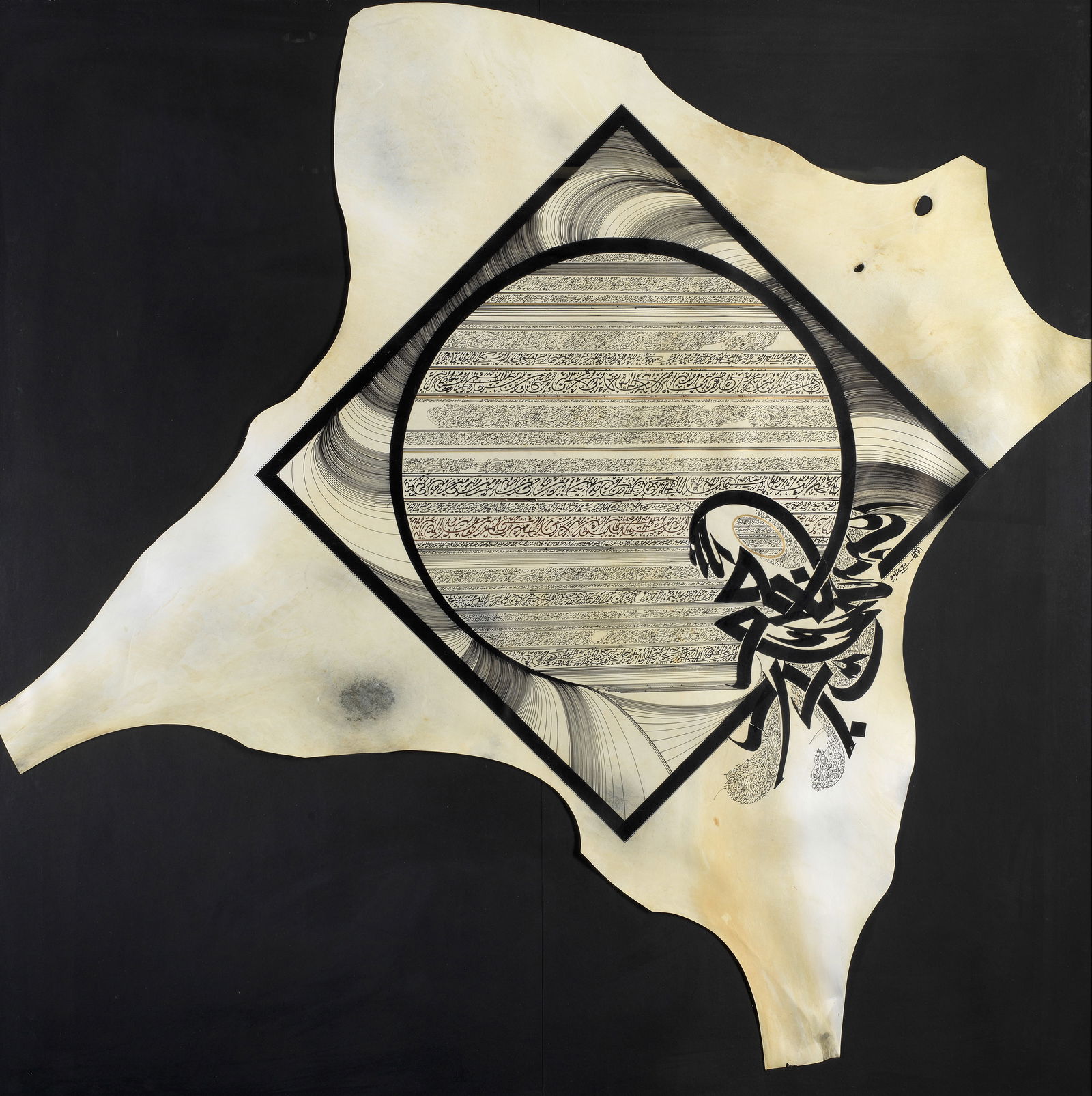 Nja Mahdaoui (Tunisia, born 1937) Parchment 3: Nja Mahdaoui (Tunisia, born 1937) Caligrams on Parchment 3 Indian ink and gold painting on parchment, framed signed 'Nja Mahdaoui' in Arabic (lower right), executed in 2005 120 x 115cm (47 1/4 x 45 1/