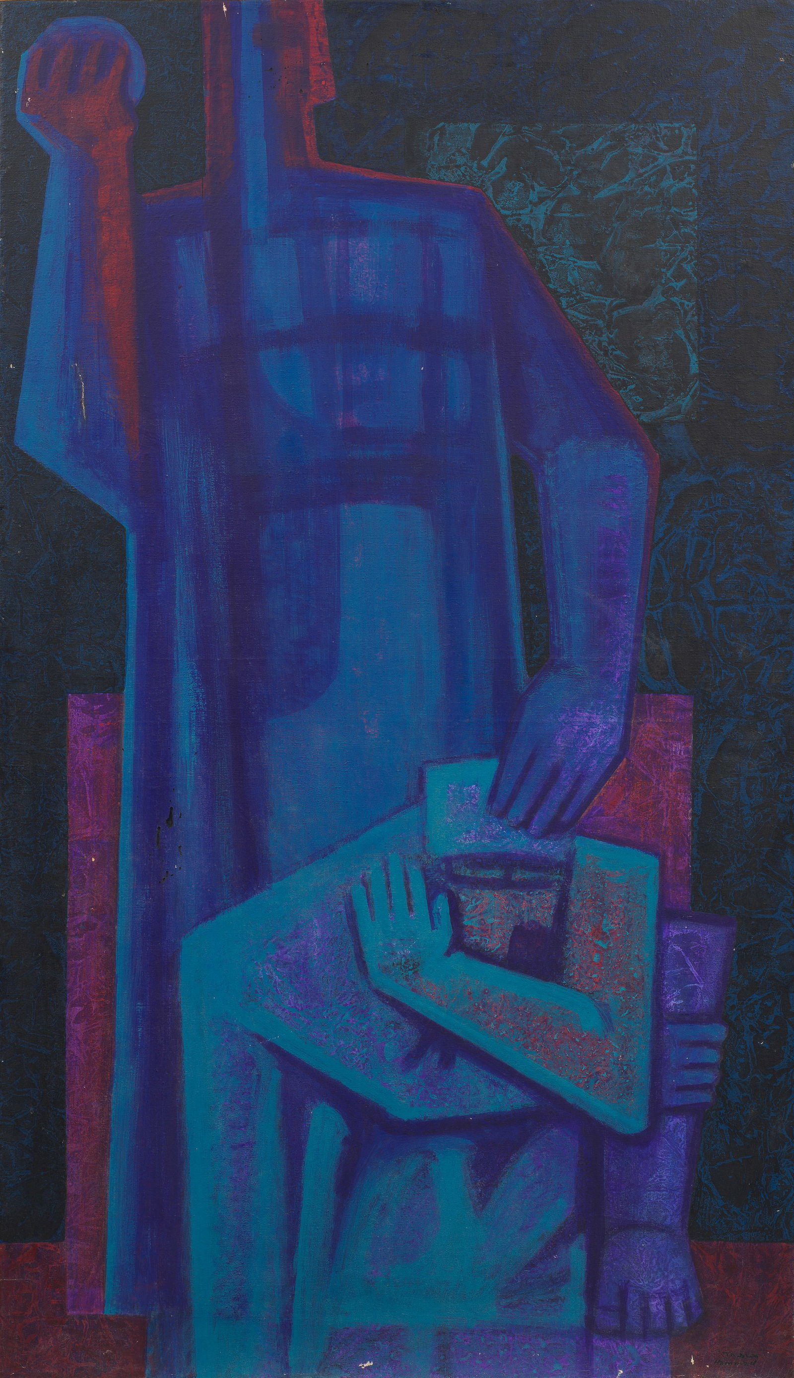 Mahmoud Hammad (Syria, 1923-1988) Hommage to Resistance (The Fid'ai): Mahmoud Hammad (Syria, 1923-1988) Hommage to Resistance (The Fid'ai) oil on canvas, framed signed 'Mahmoud Hammad' and titled 'Hommage au resistant' on the verso, executed in 1968 130 x 65cm (51 3/16