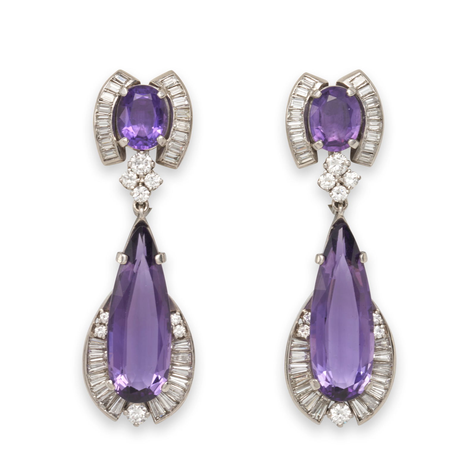 A PAIR OF PLATINUM, AMETHYST, AND DIAMOND EARCLIPS (1 of 1)