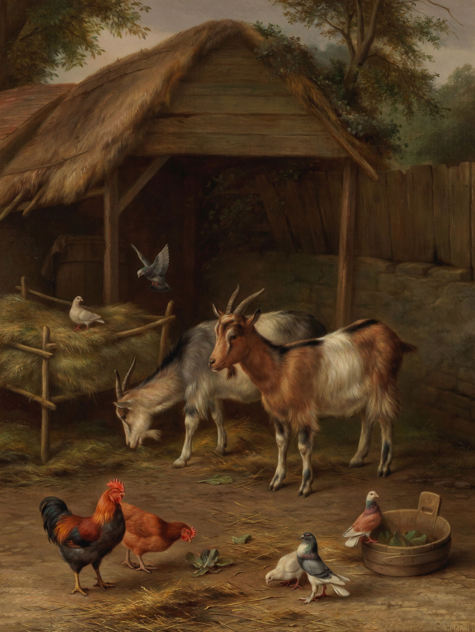 Edgar Hunt (British, 1876-1953) Hens and goats in the farmyard: Edgar Hunt (British, 1876-1953)Hens and goats in the farmyardsigned and dated 'E Hunt 1917' (lower right) oil on canvas 66 x 51.5cm (26 x 20 1/4in).Saleroom notices:Please note this lot is subject to