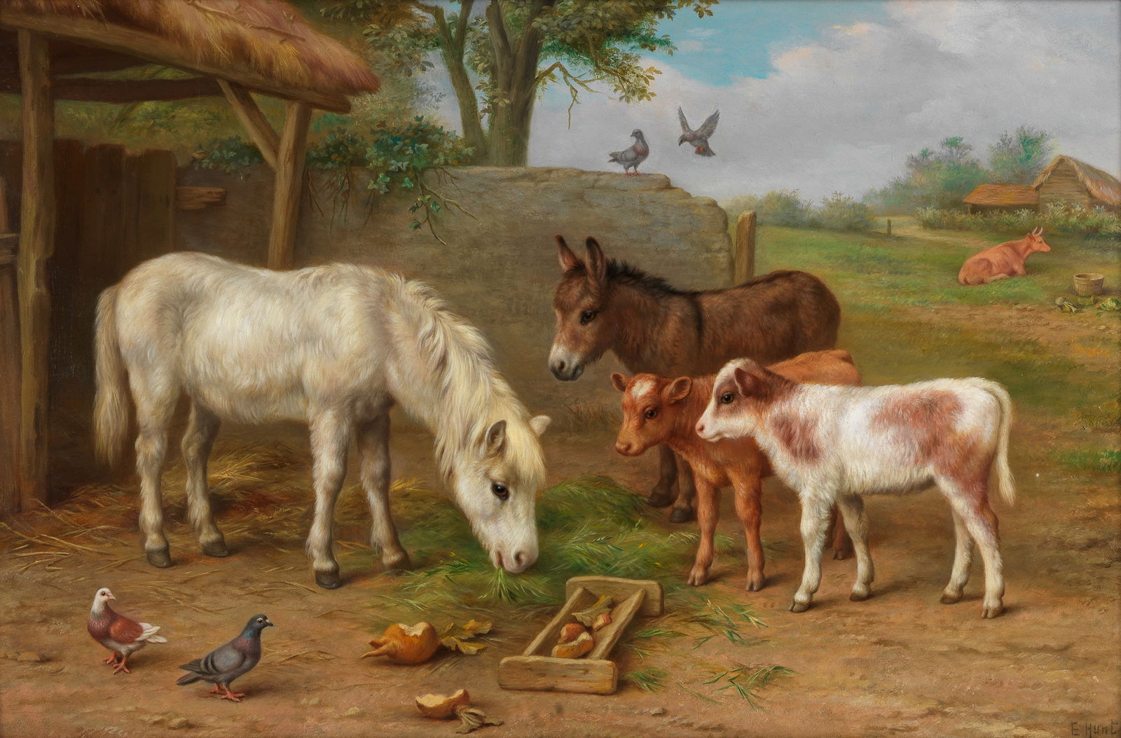 Edgar Hunt (British, 1876-1953) 'Denizens of the Farm': Edgar Hunt (British, 1876-1953)'Denizens of the Farm'signed 'E Hunt' (lower right); bears title on fragmented artist's label (attached to the reverse) oil on board 30 x 45cm (11 13/16 x 17 11/16in).Fo