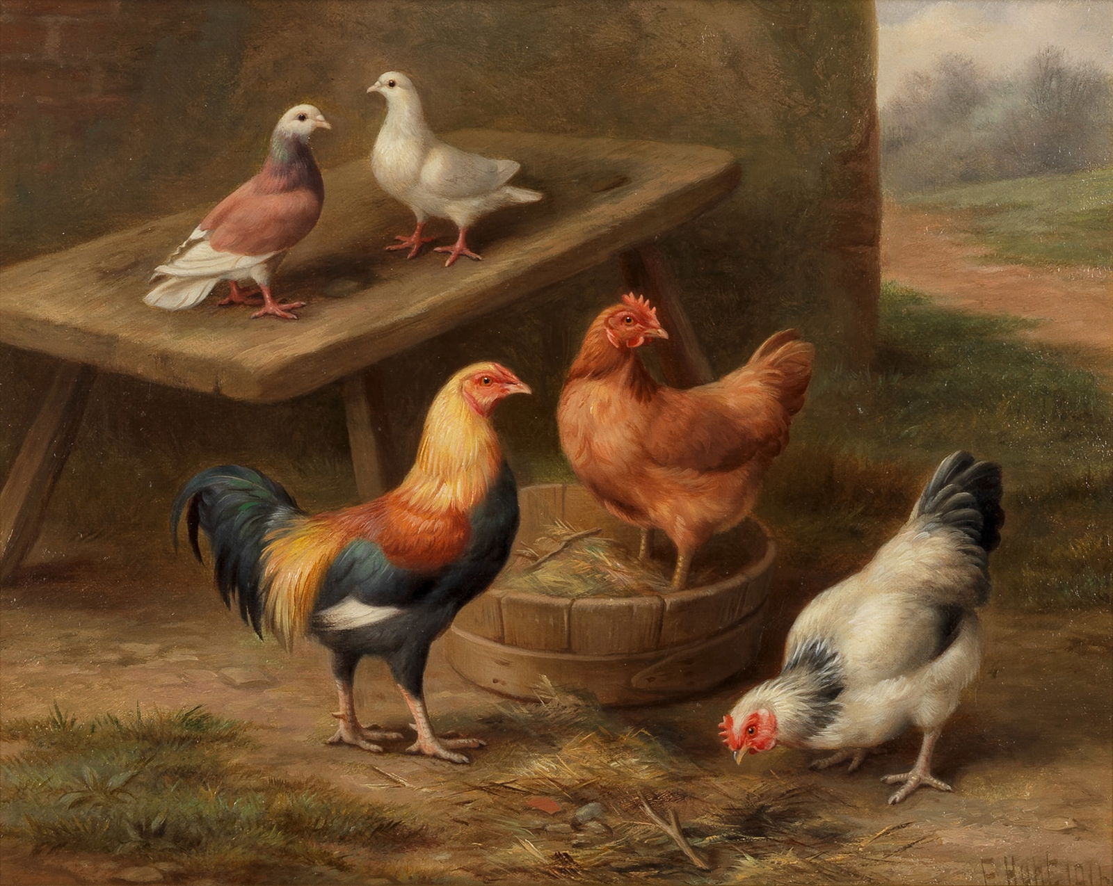 Edgar Hunt (British, 1876-1953) Hens and doves in a farmyard: Edgar Hunt (British, 1876-1953)Hens and doves in a farmyardsigned and dated 'E Hunt, 1916' (lower right) oil on canvas 20 x 26cm (7 7/8 x 10 1/4in).Footnotes: Provenance Private collection, UK.Saleroo