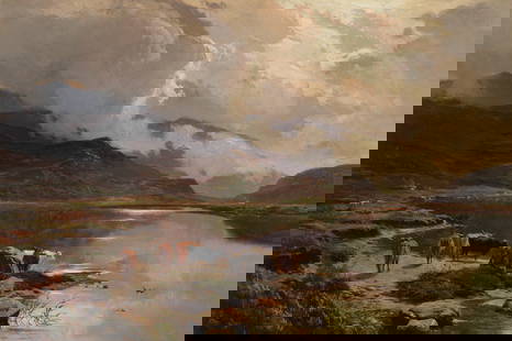 Sidney Richard Percy (British, 1821-1886) Welsh mountain landscape with cattle by a lake: Sidney Richard Percy (British, 1821-1886)Welsh mountain landscape with cattle by a lakesigned and dated 'S R Percy 1885' (lower left) oil on canvas 61 x 91cm (24 x 35 13/16in).
