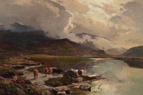 Sidney Richard Percy (British, 1821-1886) Welsh mountain landscape with cattle by a lake: Sidney Richard Percy (British, 1821-1886)Welsh mountain landscape with cattle by a lakesigned and dated 'S R Percy 1885' (lower left) oil on canvas 61 x 91cm (24 x 35 13/16in).