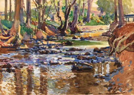 Samuel John Lamorna Birch, RA, RWS, RWA (British, 1869-1955) Stream at Lamorna: Samuel John Lamorna Birch, RA, RWS, RWA (British, 1869-1955)Stream at Lamorna signed, dedicated and dated 'S.J.Lamorna Birch/ Mark Roberts/ 1925' (lower right) watercolour27 x 37.5cm (10 5/8 x 14 3/4i