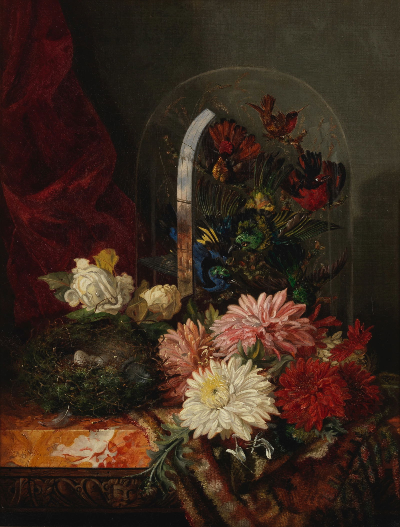 Ellen Ladell (British, born circa 1853-) Chrysanthemums, birds nest and taxidermy display (1 of 1)