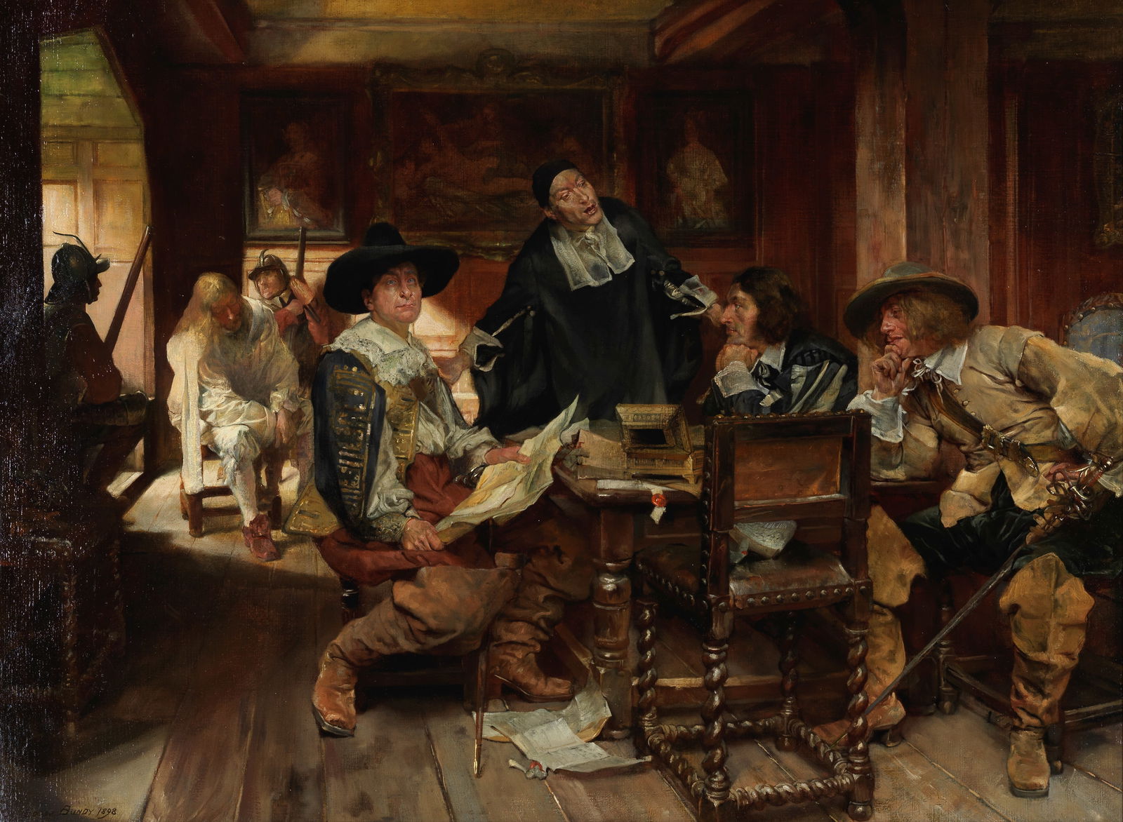 Edgar Bundy (British, 1862-1922) The sequestration: Edgar Bundy (British, 1862-1922)The sequestration signed and dated 'Edgar Bundy 1898' (lower left) oil on canvas 72 x 91cm (28 3/8 x 35 13/16in).Footnotes: Provenance Private collection, UK.