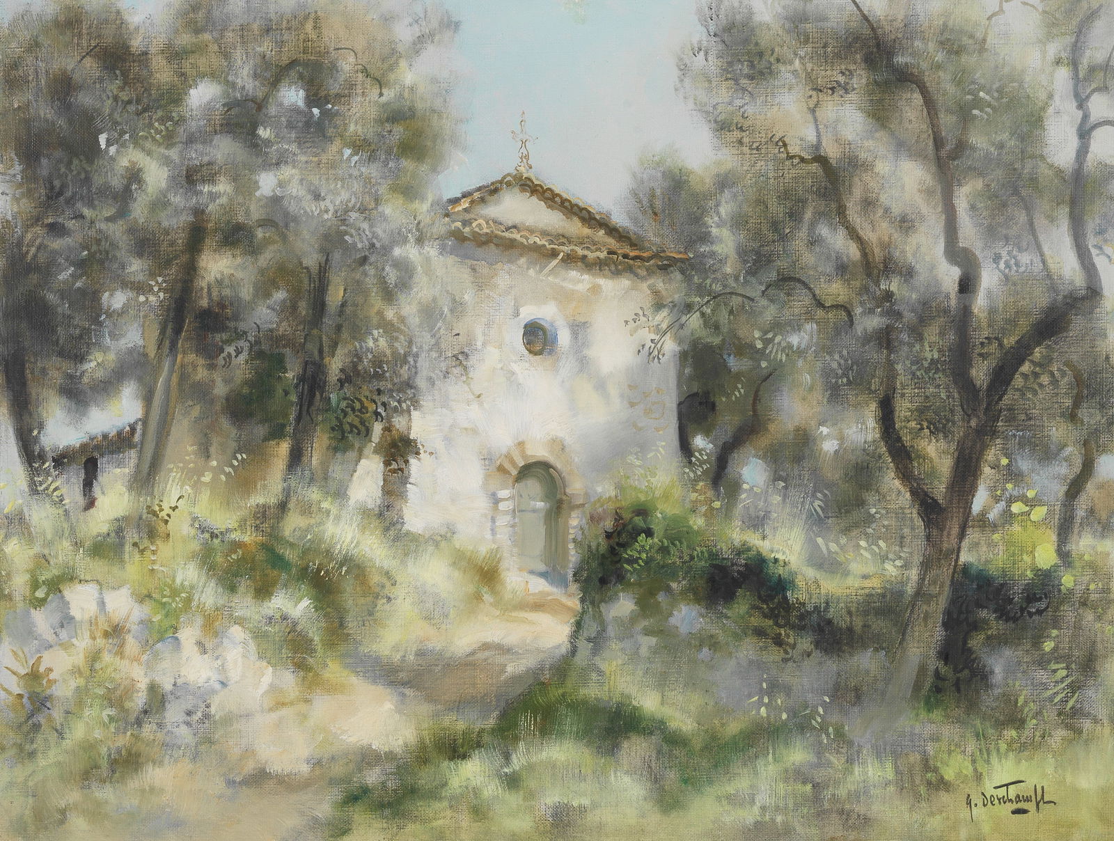Gabriel Deschamps (French, 1919-2011) Petite chapelle en Provence: Gabriel Deschamps (French, 1919-2011)Petite chapelle en Provencesigned 'G.Deschamps' (lower right) oil on canvas 45.8 x 61cm (18 1/16 x 24in).This lot is subject to the following lot symbols: * &#