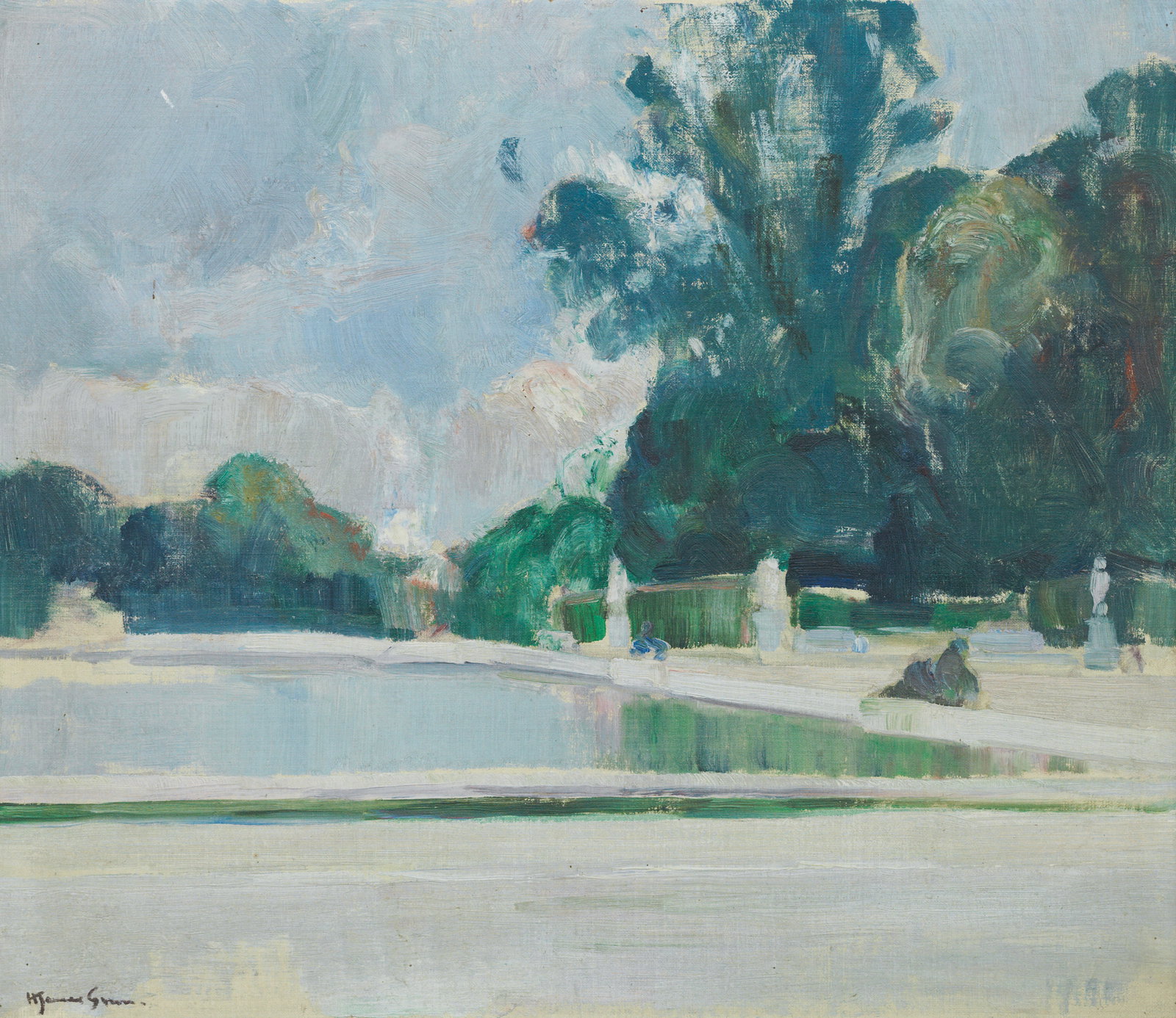 Sir Herbert James Gunn RA PRP RSW (British, 1893-1964) The gardens of Versailles: Sir Herbert James Gunn RA PRP RSW (British, 1893-1964)The gardens of Versailles signed 'H James Gunn' (lower left)oil on canvas laid to panel39 x 45.5cm (15 3/8 x 17 15/16in).Footnotes: Provenance Pr