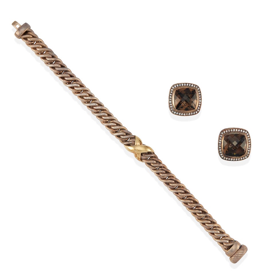 DAVID YURMAN: A SILVER AND 18K GOLD BRACELET TOGETHER AND A PAIR OF SILVER, SMOKY QUARTZ AND DIA... (1 of 2)