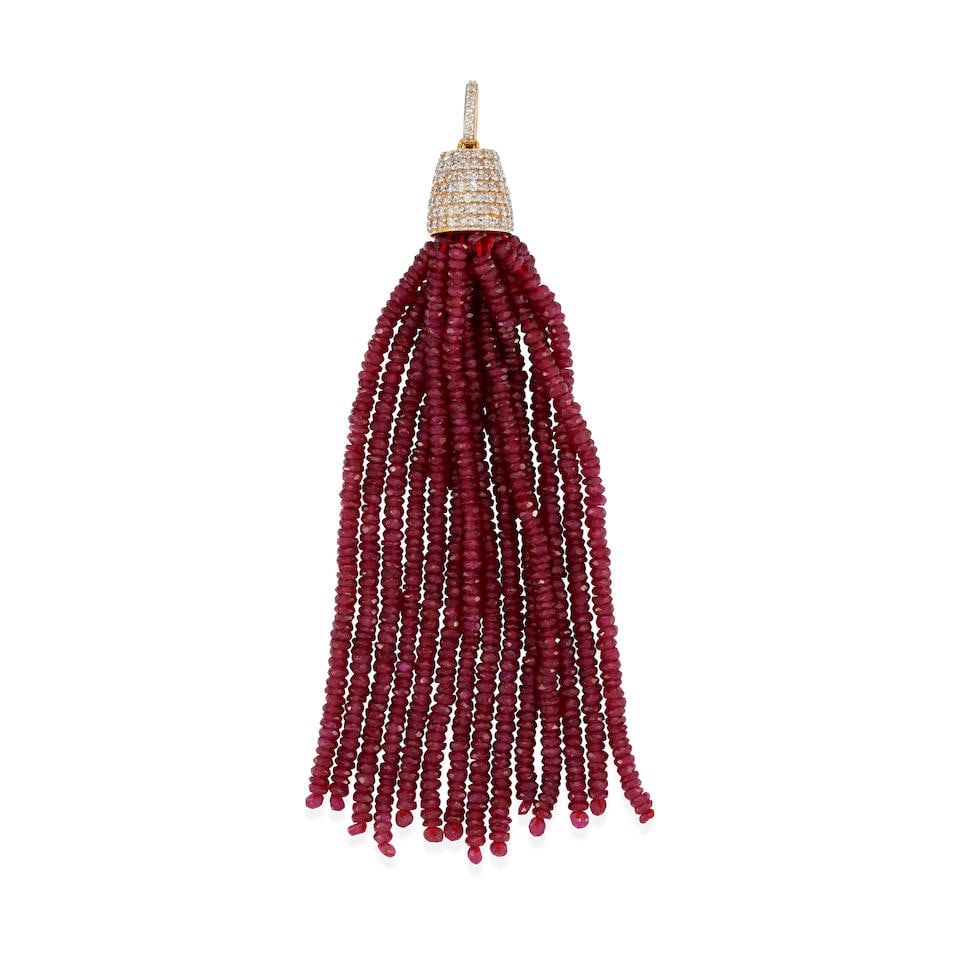 A 14K GOLD, RUBY AND DIAMOND TASSEL PENDANT (1 of 2)
