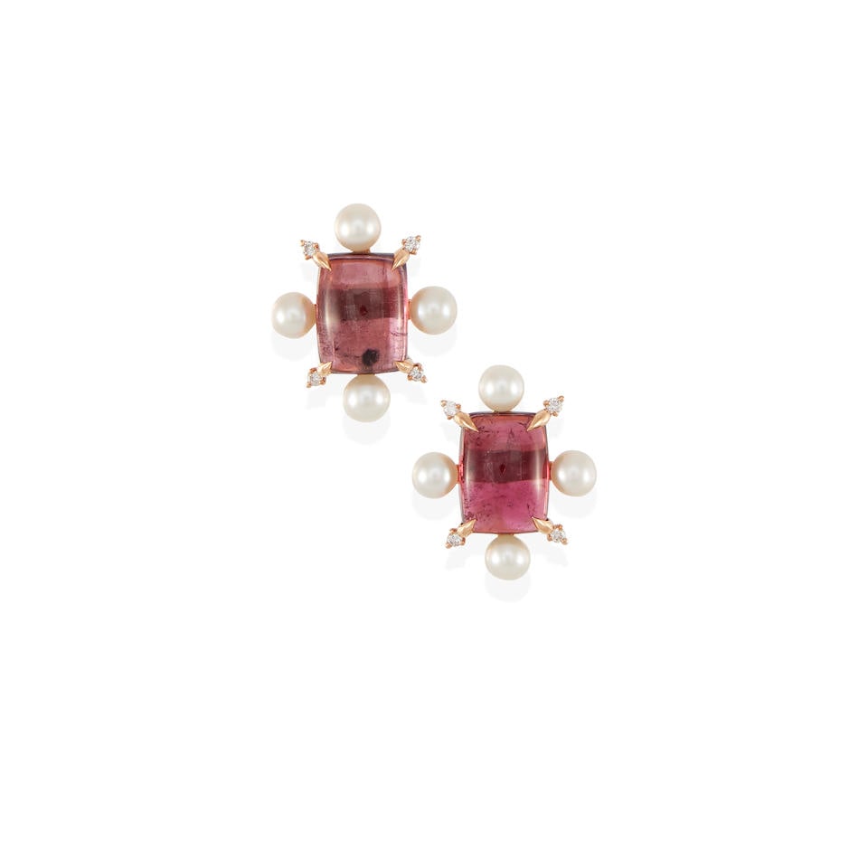 A PAIR OF 18K ROSE GOLD, PINK TOURMALINE, CULTURED PEARL AND DIAMOND EARRINGS (1 of 3)