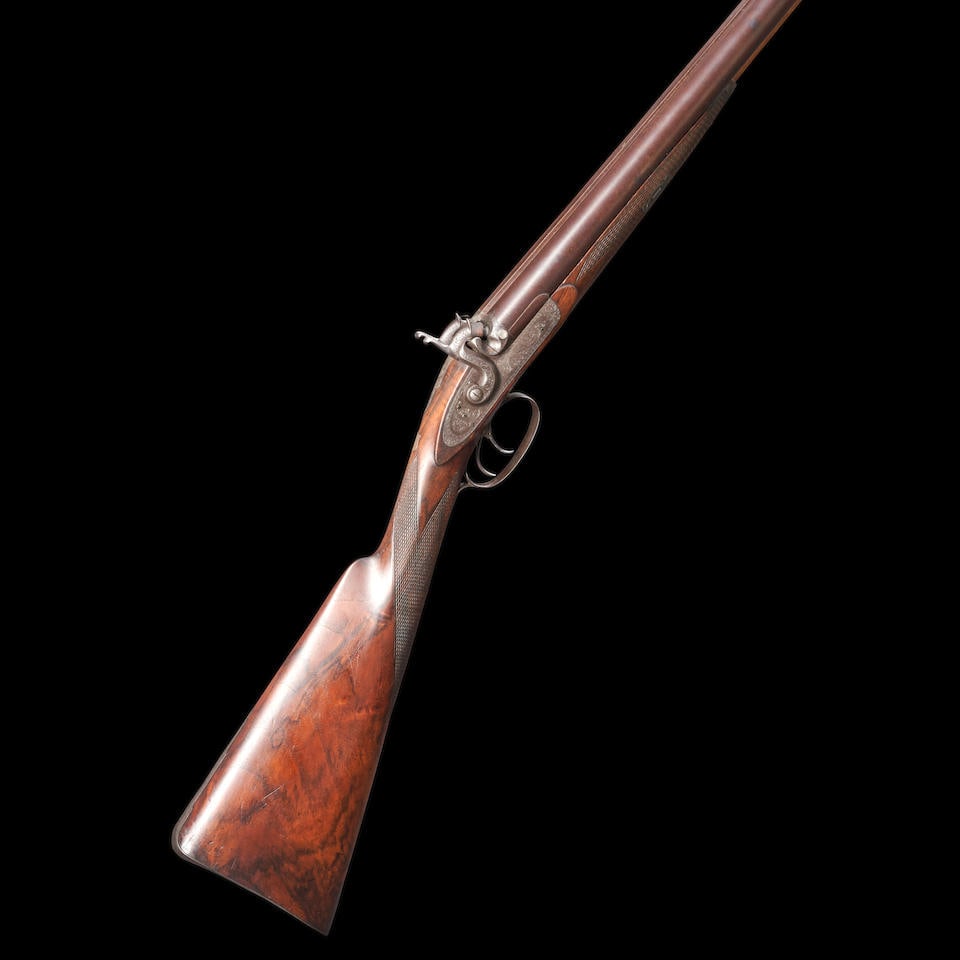 William Moore 10 Gauge Double-barrel Percussion Shotgun,: William Moore 10 Gauge Double-barrel Percussion Shotgun, London, England, mid-19th century. Serial number 7359, 28 1/2 in. barrels with plain rib marked 'WILLIAM MOORE LONDON BEST LAMINATED STEEEL, IN