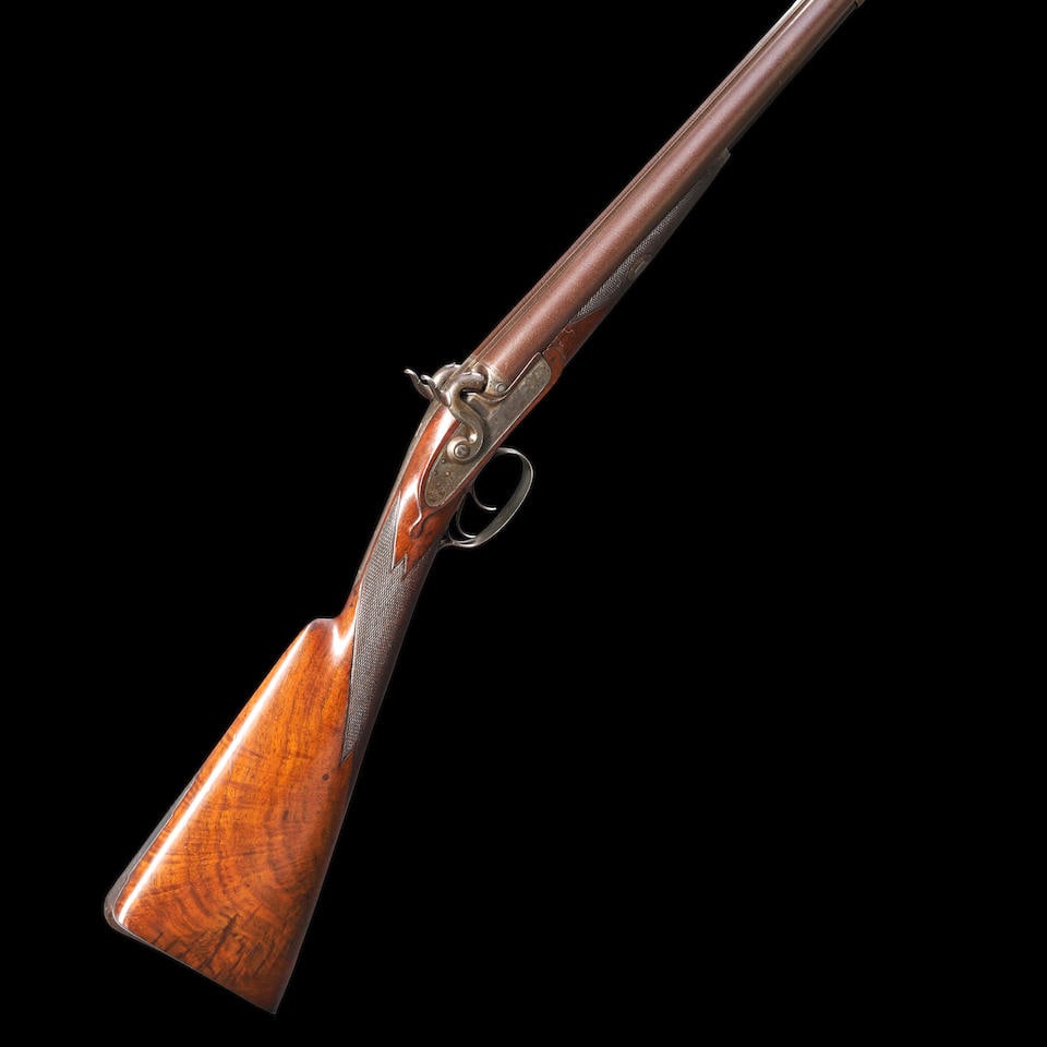 John P. Schenkl 10 Gauge Double-barrel Percussion Shotgun,: John P. Schenkl 10 Gauge Double-barrel Percussion Shotgun, Boston, Massachusetts, mid-19th century. 29 1/2 in. Damascus steel barrels with plain rib marked 'J.P. SCHENKL GUN-MAKER, BOSTON.'; case hard