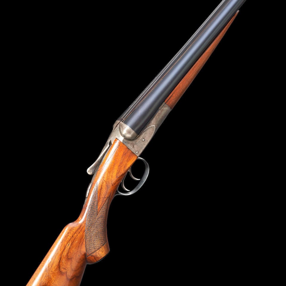 A.H. Fox Sterlingworth 12 Gauge Double-barrel Shotgun, Curio or Relic firearm: A.H. Fox Sterlingworth 12 Gauge Double-barrel Shotgun, 1930. Serial number 125631, 28 in. blued barrels with textured rib, one barrel marked 'STERLINGWORTH FLUID COMPRESSED STEEL' and the other 'MADE 