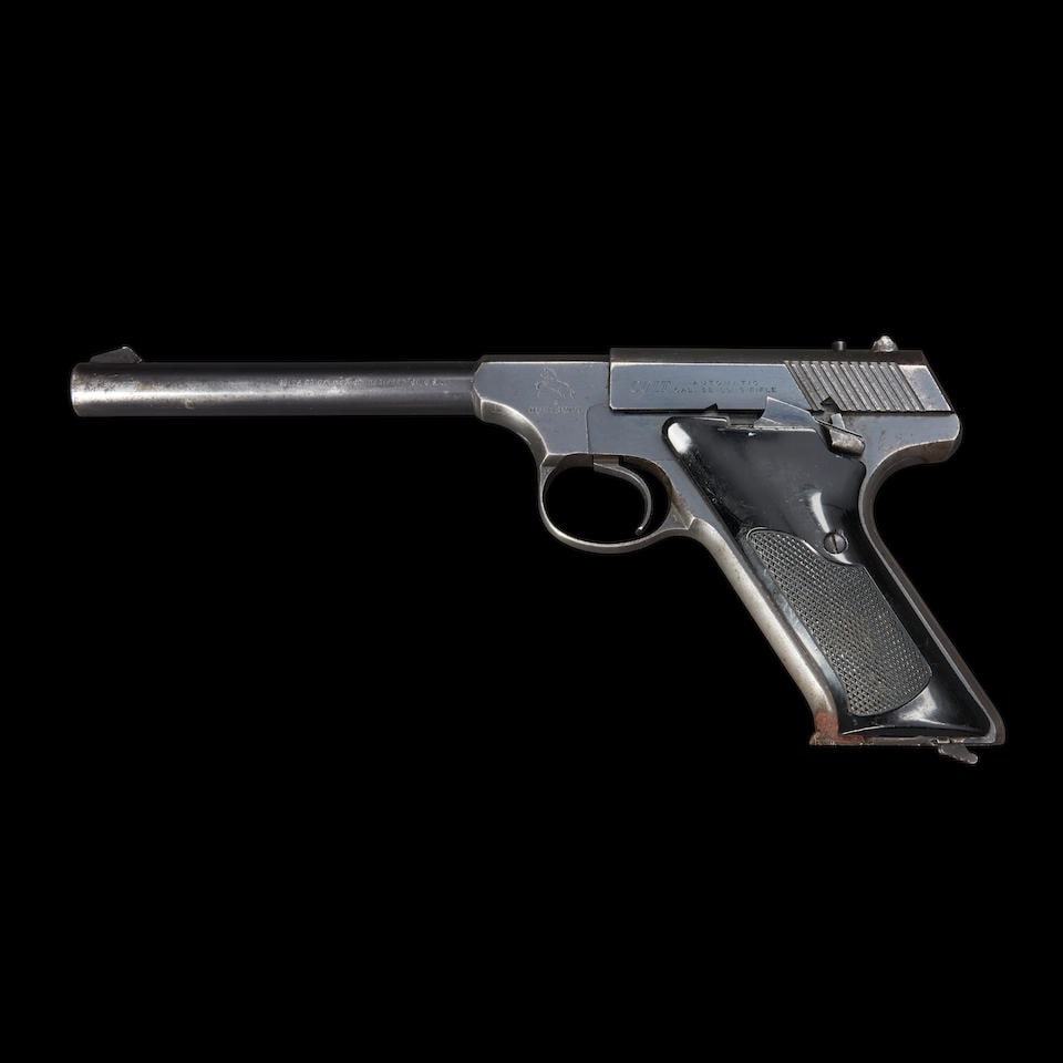 Colt Woodsman Third Series 'Huntsman' Semi-automatic Pistol, Curio or Relic firearm: Colt Woodsman Third Series 'Huntsman' Semi-automatic Pistol, 1957. Serial number 122294-C, .22 Long Rifle caliber, blued steel barrel and frame with proper roller engraved markings, checkered black pl