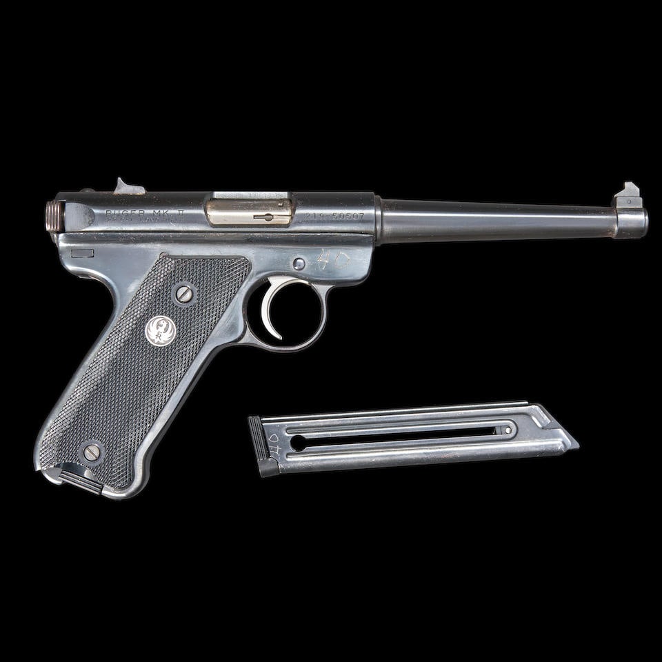 Ruger Mark II Semi-automatic Pistol, Modern handgun: Ruger Mark II Semi-automatic Pistol, 1993. Serial number 219-50507, .22 Long Rifle caliber, blued steel barrel and frame with proper roller engraved markings, checkered black plastic grips with silver