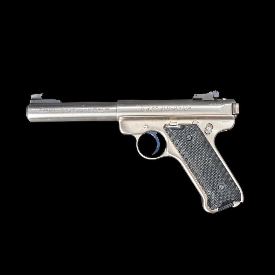 Ruger Mark II Target Semi-automatic Pistol with Original Box, Modern handgun: Ruger Mark II Target Semi-automatic Pistol with Original Box, 1992. Serial number 219-23929, .22 Long Rifle caliber, stainless steel barrel and receiver with proper roller engraved markings, adjustabl