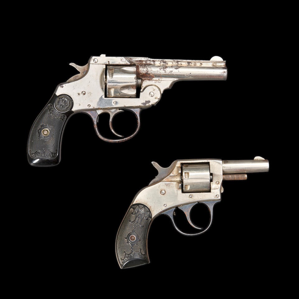 Two Small Revolvers, Curio or Relic firearm: Two Small Revolvers, early 20th century. Including an Iver Johnson Safety Automatic Double Action revolver, serial number 41147, .38 caliber, nickel-plated with case hardened trigger guard and checker