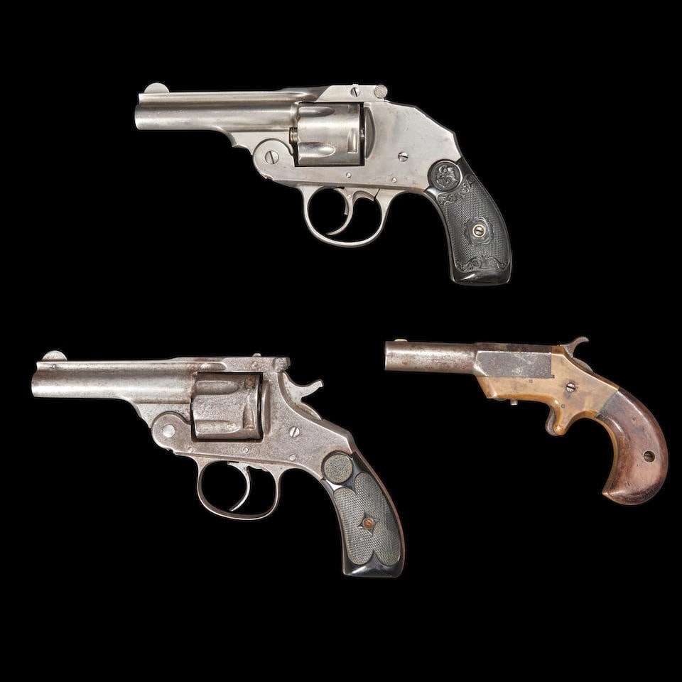 Two Revolvers and a Pistol, Curio or Relic firearm: Two Revolvers and a Pistol, late 19th/early 20th century. Including an Iver Johnson Safety Automatic Double-action revolver, serial number 6266, .38 caliber, with proper roller engraved markings on th