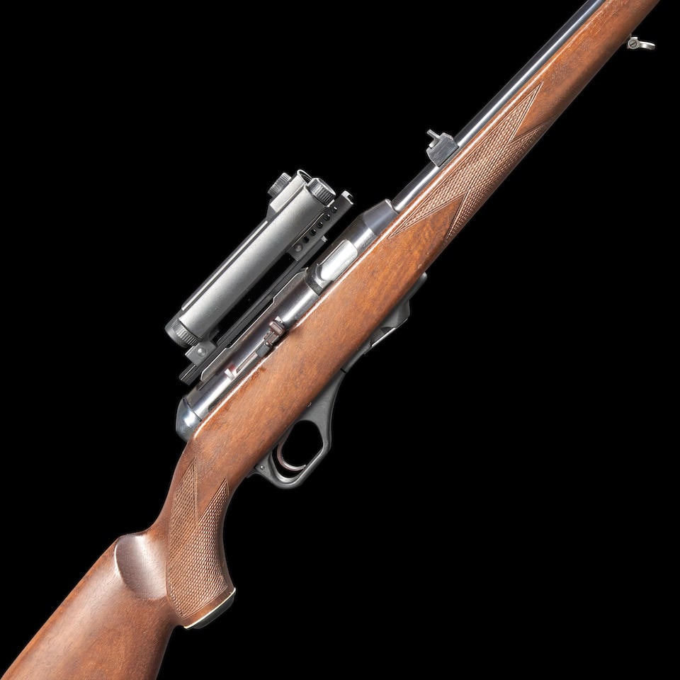 Heckler & Koch Model 300 Semi-automatic Rifle with Scope, Modern firearm: Heckler & Koch Model 300 Semi-automatic Rifle with Scope, 1980s. Serial number 018929, .22 WMR caliber, deep blued steel barrel and receiver with proper roller engraved markings, checkered walnut stoc