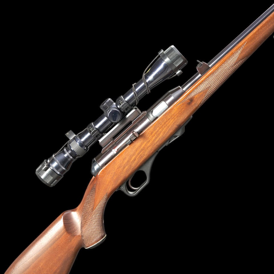 Heckler & Koch Model 300 Semi-automatic Rifle with Scope, Modern firearm: Heckler & Koch Model 300 Semi-automatic Rifle with Scope, 1980s. Serial number 017131, .22 WMR caliber, deep blued steel barrel and receiver with proper roller engraved markings, checkered walnut stoc
