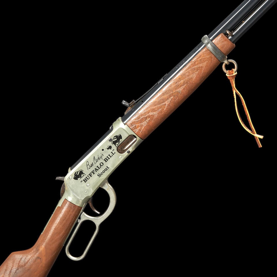 Daisy/Heddon Model 30-30 Buffalo Bill Scout Air Rifle with Original Box,: Daisy/Heddon Model 30-30 Buffalo Bill Scout Air Rifle with Original Box, Rogers, Arkansas, 1970s. Reg. No. A000361, blued steel barrel with adjustable rear sight and magazine on a bright metal frame m